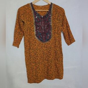 Unbranded Tribal Tunic Sz L Retro Hippie Orange Blue Embroidered
